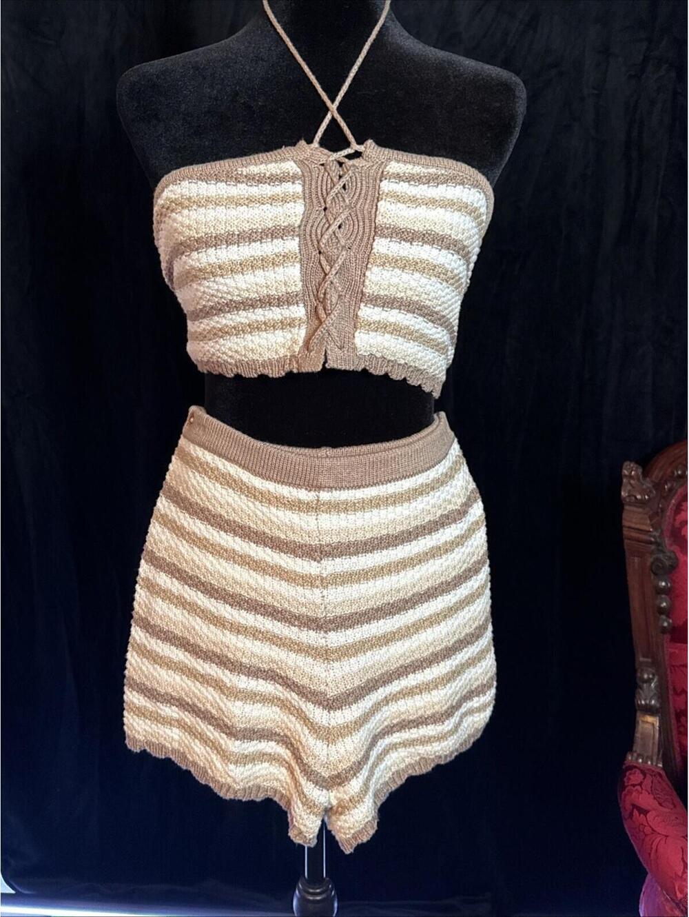 EUC Garage Striped Crochet 2 pc Set summer beachy coquette festival boho sz S